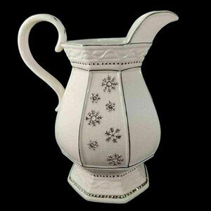 Seasonal Elegance White Pitcher Jug Silver Snowflakes Embossed Octagonal Vtg REA